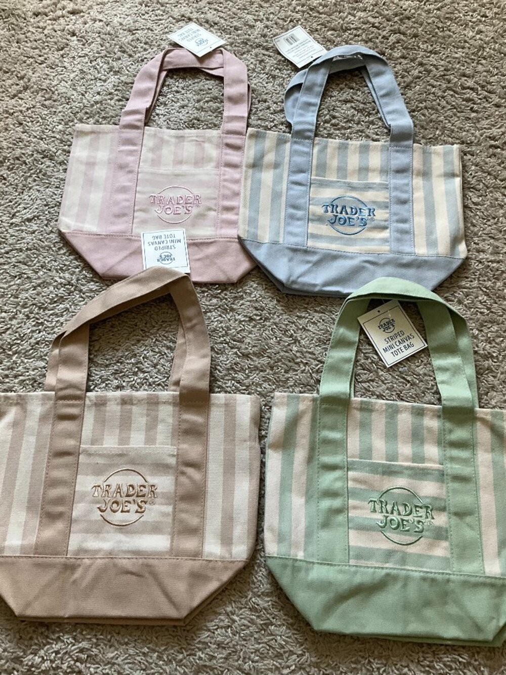 Trader joe's STRIPED Mini canvas tote bags. pastel colors set of 4. blue/pink/SA